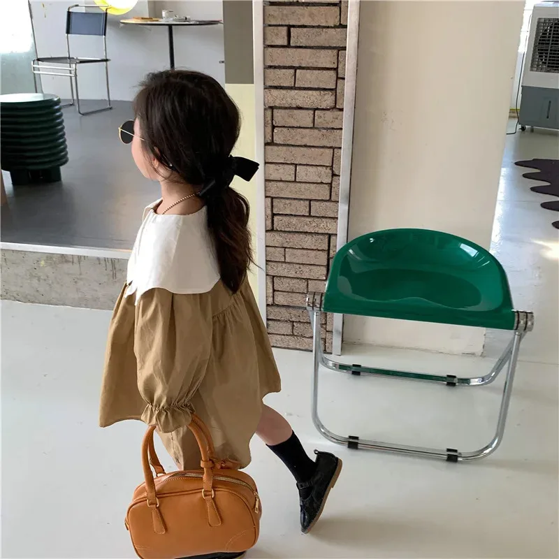2024 primavera ragazza bambini solido moda risvolto manica lunga abito da principessa bambino cotone colletto a punta abiti casual vestiti per bambini