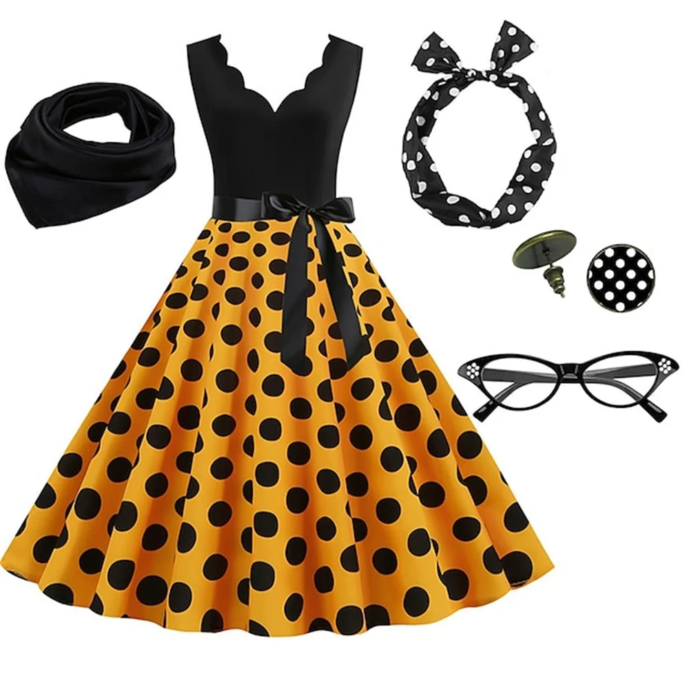 Sexy Deep V Flared Dress with Jewelry Set 1950s 60s Retro Headband Scarf Earrings Halloween Party Dresses