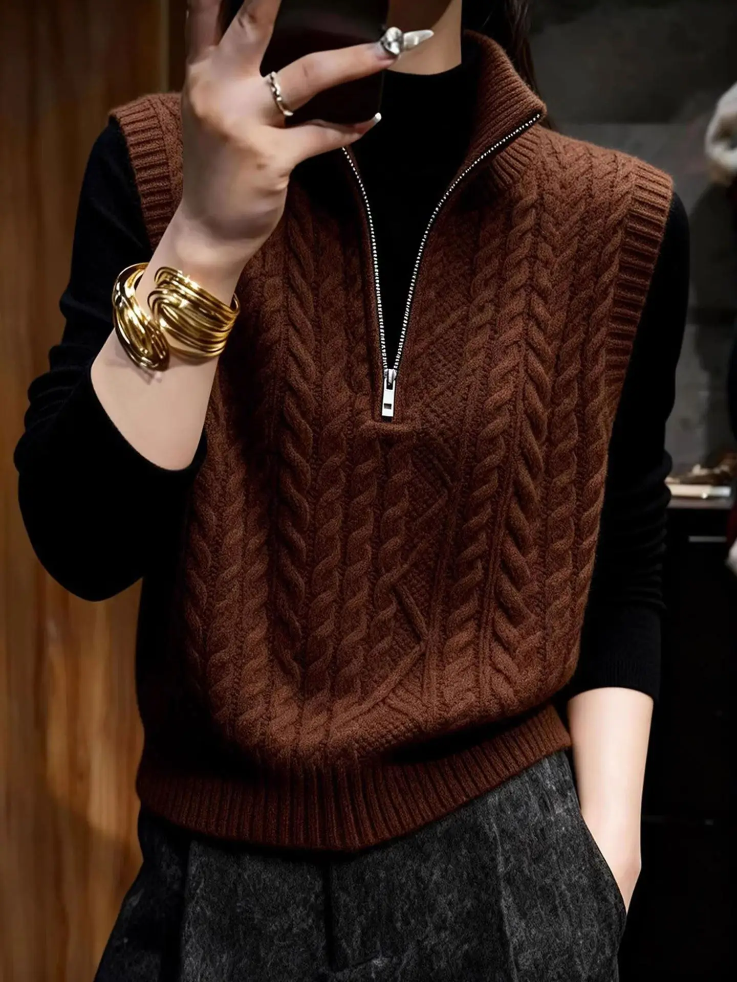 Skin-friendly Cashmere Knitted Vest Half Zip Casual Layering Base Shirt Commute Style Regular Length Simple Design Winter Top