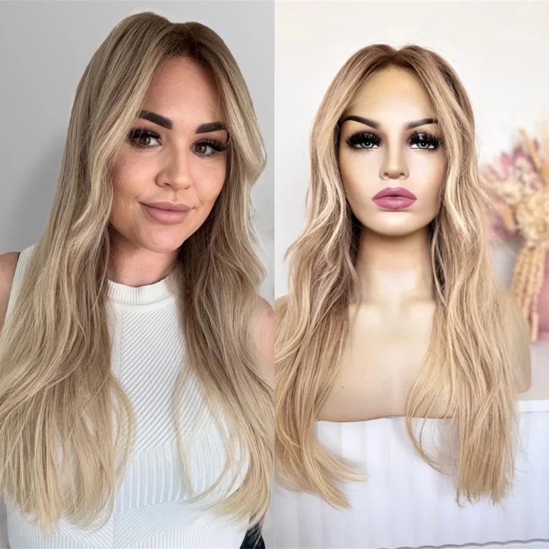 New In Ombre Blonde Brown Synthetic HD Lace Front Wig Free Part Wig Preplucked Hairline Natural Wave Wig Small Large Size Cap