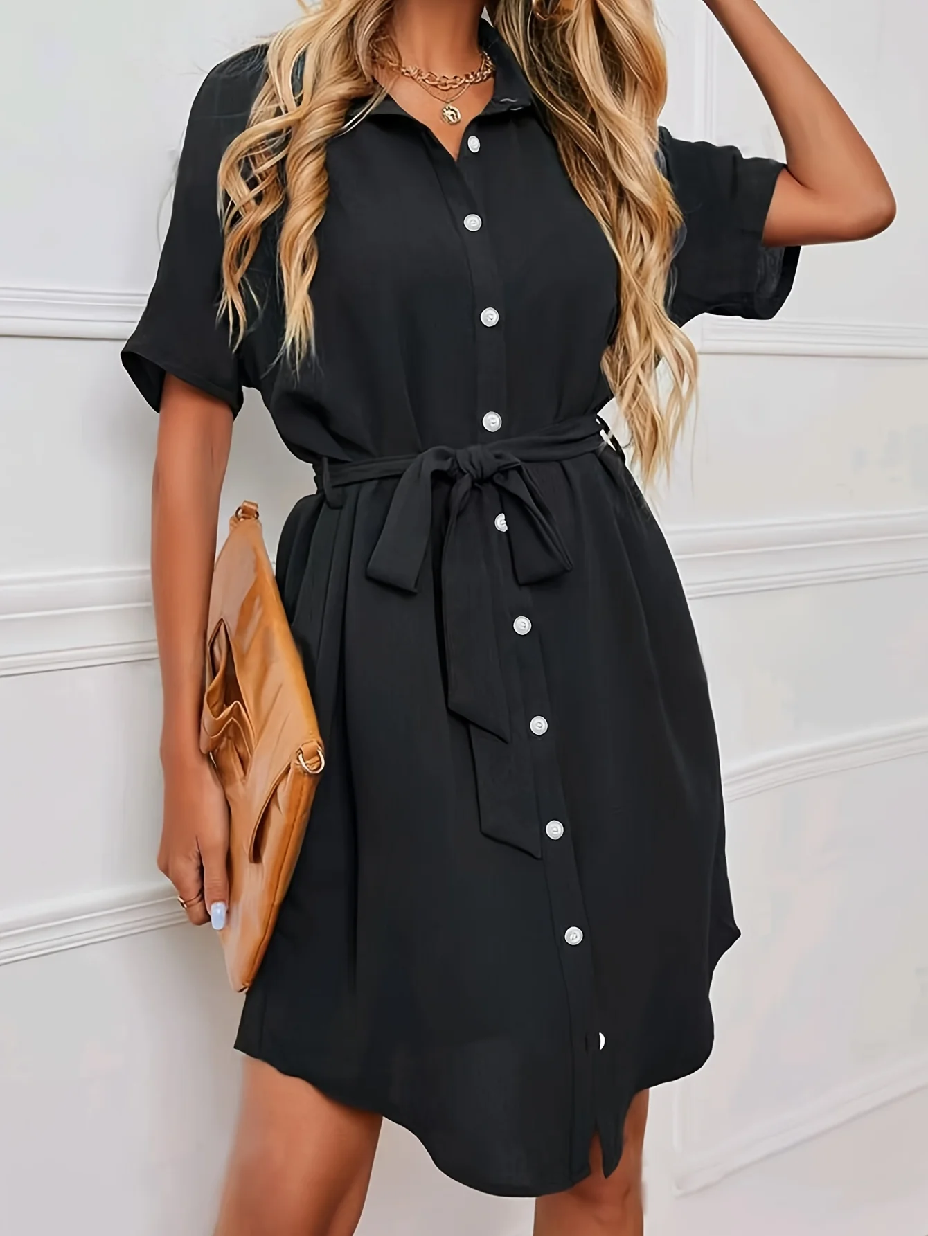 Lace Up Cardigan Dresses Women Shirt Dress 2024 Summer Elegant Solid Short Sleeve Mini Dress Casual Lapel Button Loose Vestidos