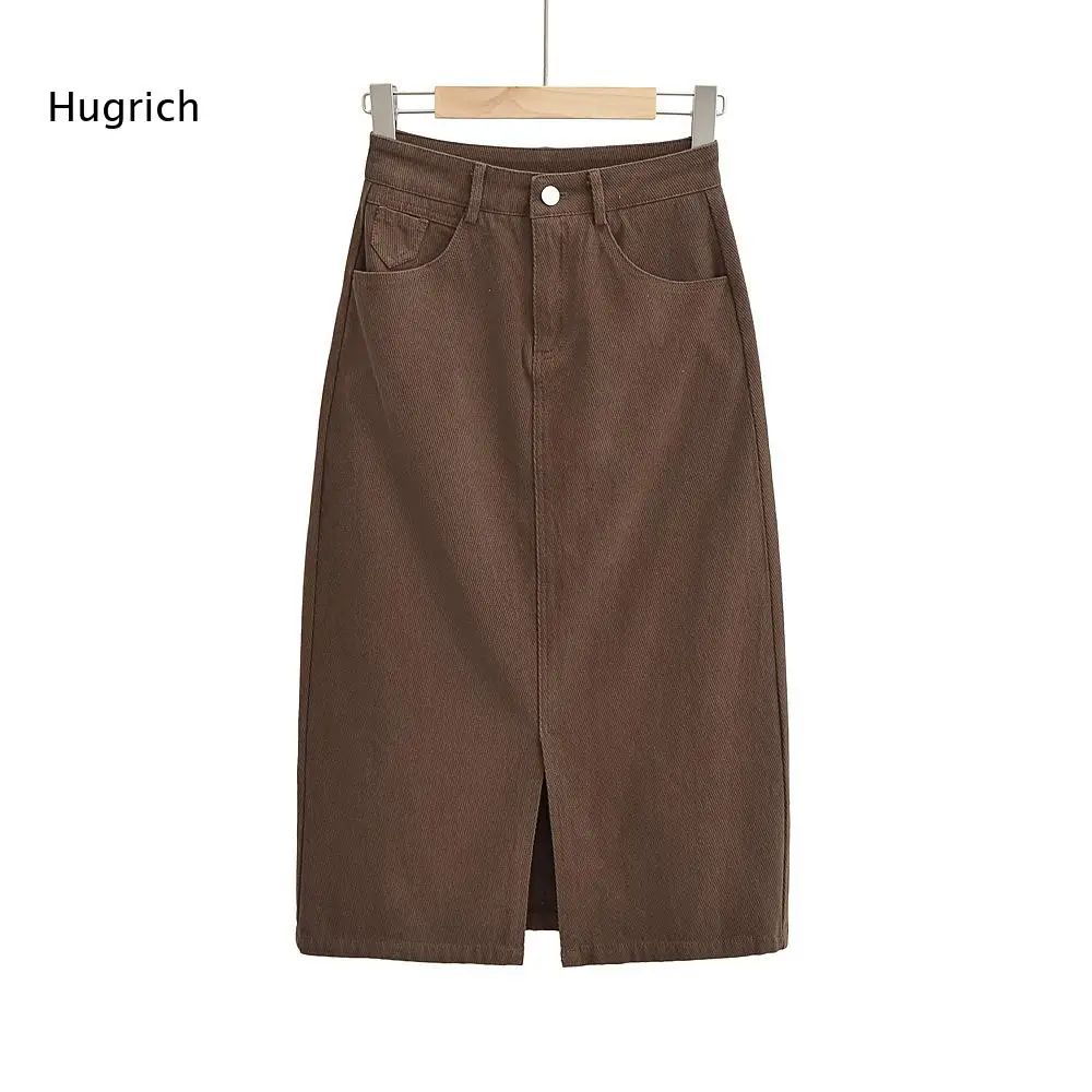 Front Slit Denim Midi Skirt Women High Waist Button Zip Up Closure Straight Silhouette Multi Pockets for Daily Street Outfits
