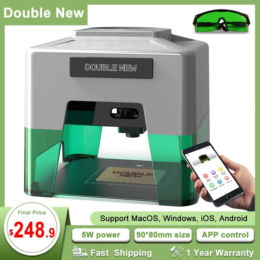 DoubleNew XN003 Variable Focus Mini Laser Engraver&Cutter Machine 5W Power Engraving Glass/Stainless Steel, 90*80mm Carving Area