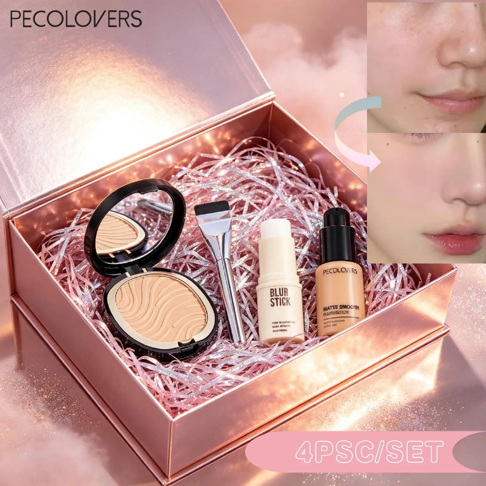 4PCS  Super Thin Covering Set :Liquid Foundation,  Pressed Powder, Pore Primer Stick, Brush.Smooths Pores Before Makeup