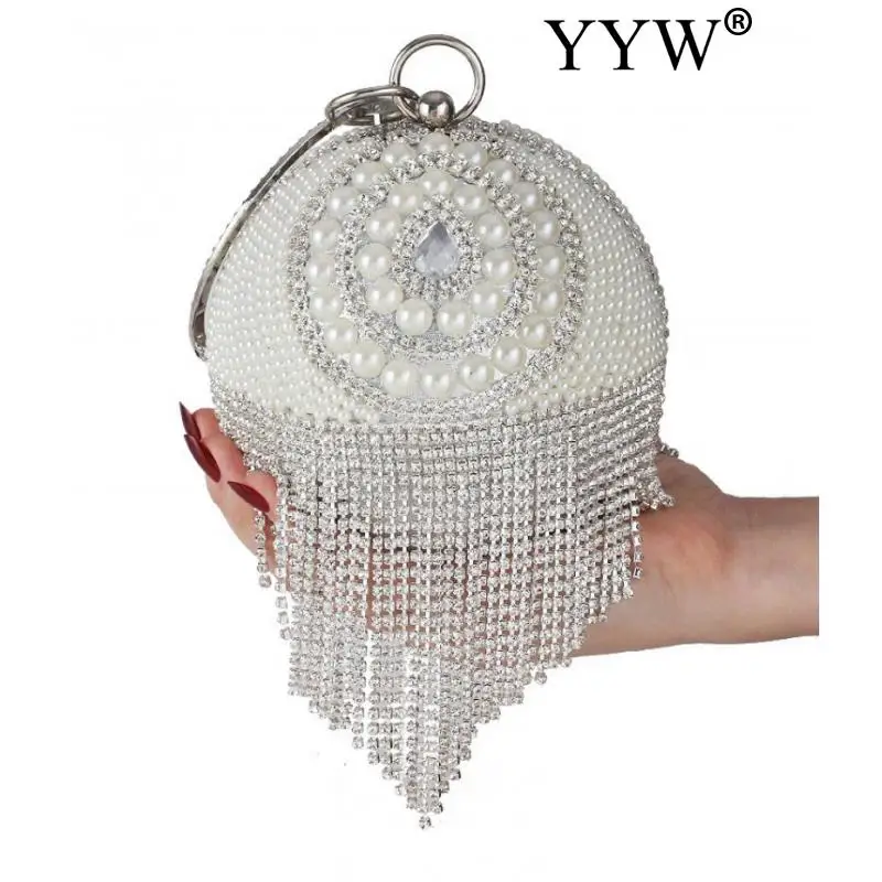 Luxury Women Round Ball Clutch Bag Evening Bag With Rhinestone Tassel Pearl Exquisite For Women Ladies Wedding Party Clutches