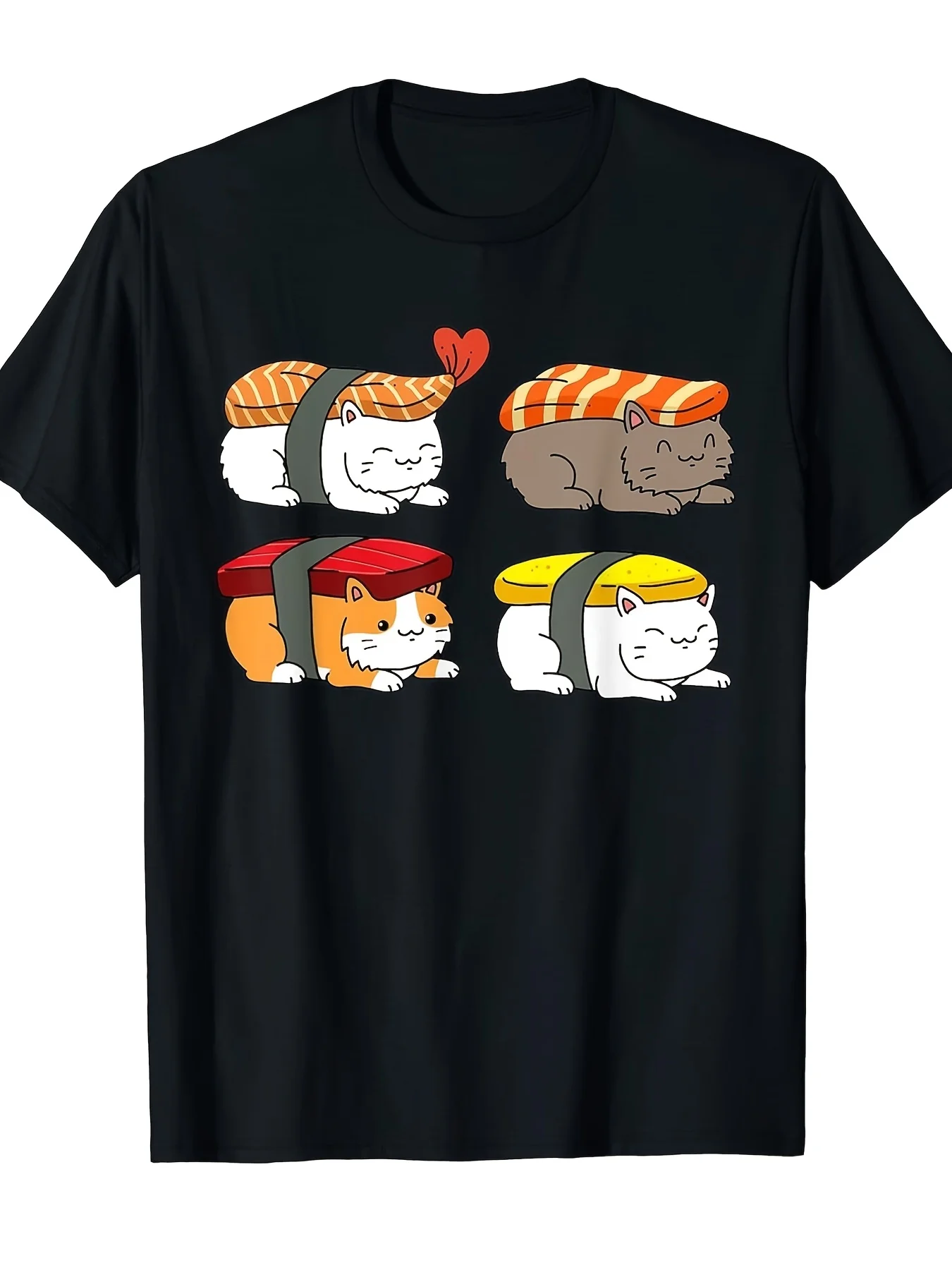 Men's T-shirt Funny Japanese Anime Sushi Cat T-shirt Cute Chef Hat Design Includes Mochi Pancake and Rice and Vegetable Roll
