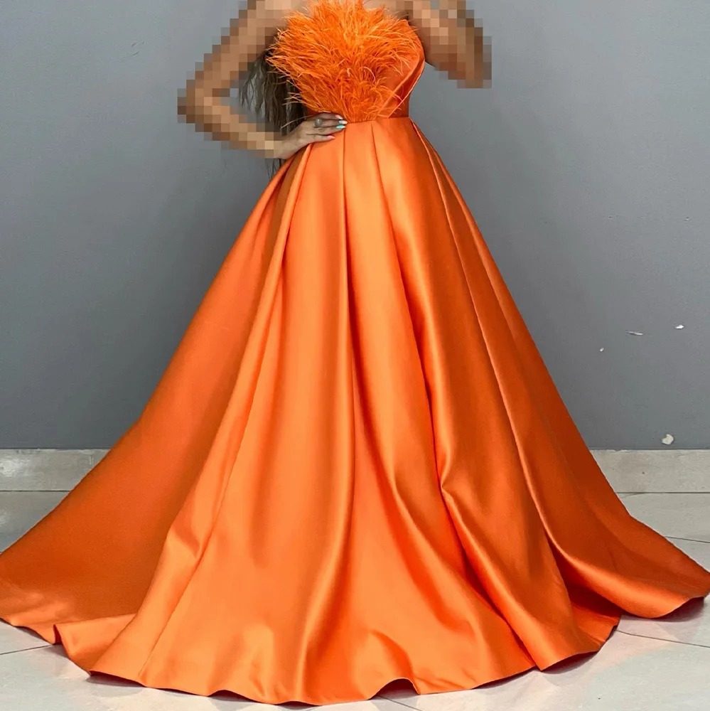 

Customized Exquisite Satin A-Line Feathers Evening Dresses Scalloped Sleeveless Panel Train Lace Up Back Homecoming Dress