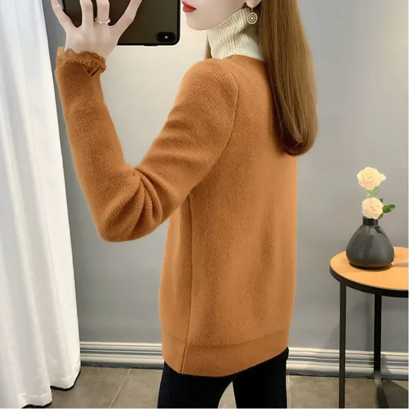 Autumn and Winter Women's Pullover Half High Collar Patchwork Button Lace Solid Color Fashion Casual Elegant Long Sleeve Tops