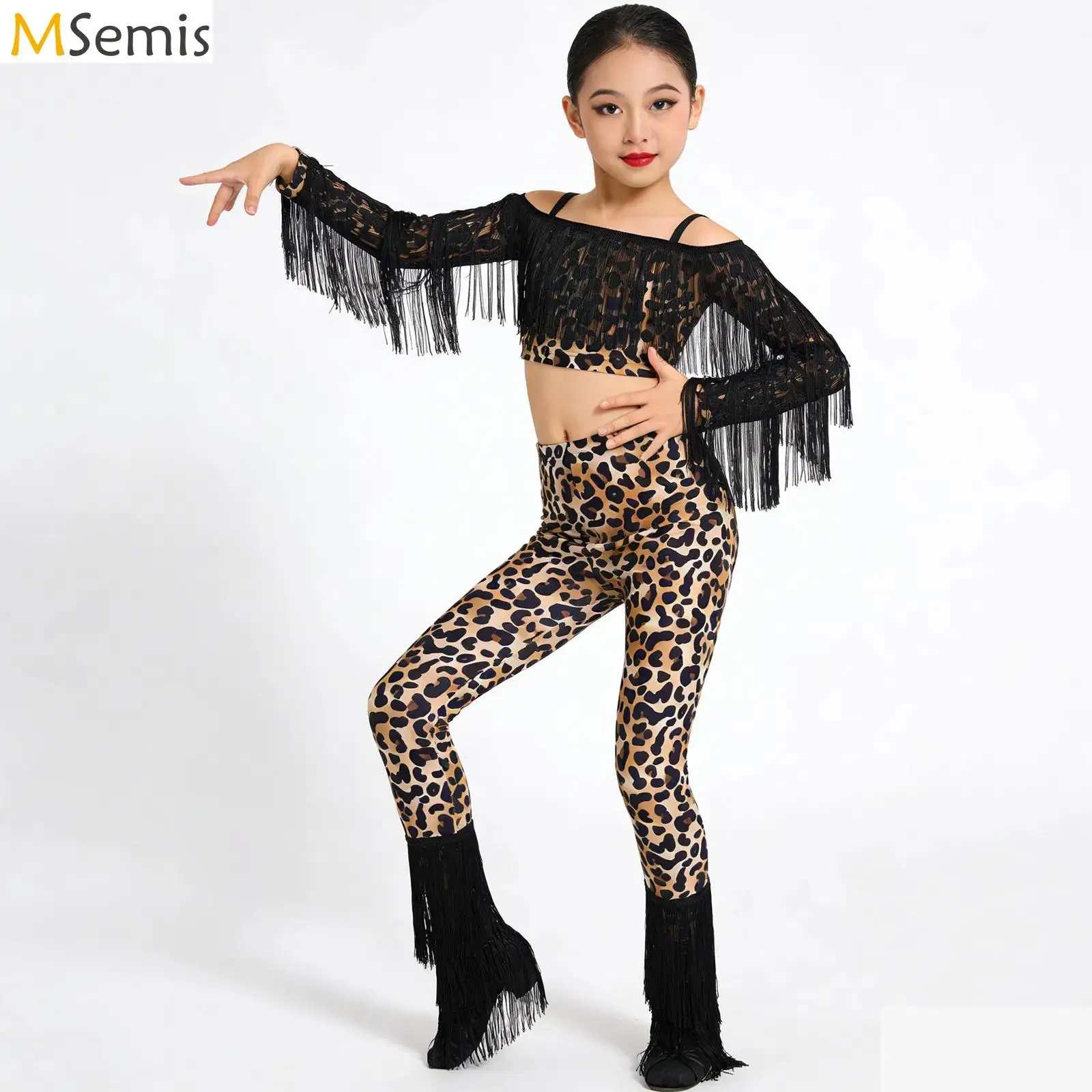 

Kids Girls Latin Jazz Dance Performance Costume Tassel Off Shoulder Leopard Print Dancewear Long Sleeve Crop Top with Pants