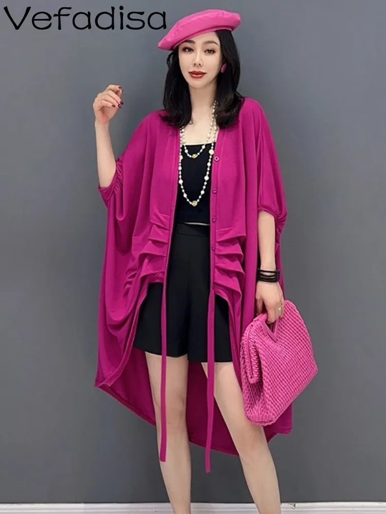 Rose Red 2024 Summer Sunscreen Jacket Fashion Large Loose Cardigan Coat Casual Asymmetric Women Trendy Girl Top Clothing ZY501