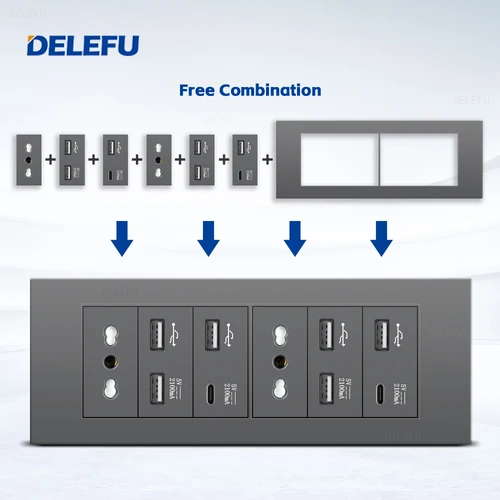 Imagen 2 del producto DELEFU-Panel ignífugo SC31 de 195mm, gris, estándar italiano, USB tipo C, interruptor de toma de pared de carga rápida, TV, teléfono, CAT5, CAT6