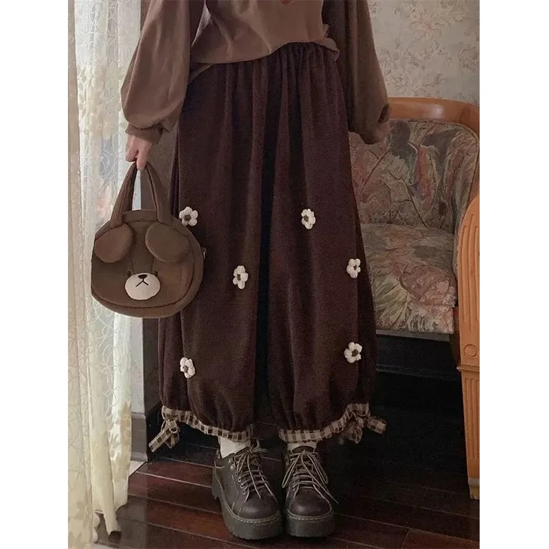

MEXZT Vintage Corduroy Wide Leg Pants Women Japanese Kawaii Flower Fleece Bloomers Winter Harajuku High Waist Baggy Trousers New