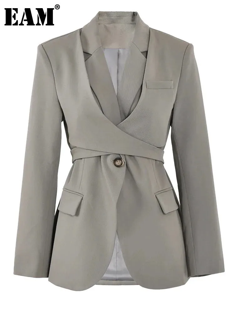 [EAM] Women Gray Cross Bandage Casual Blazer New Lapel Long Sleeve Loose Fit Jacket Fashion Tide Spring Autumn 2024 CP2134