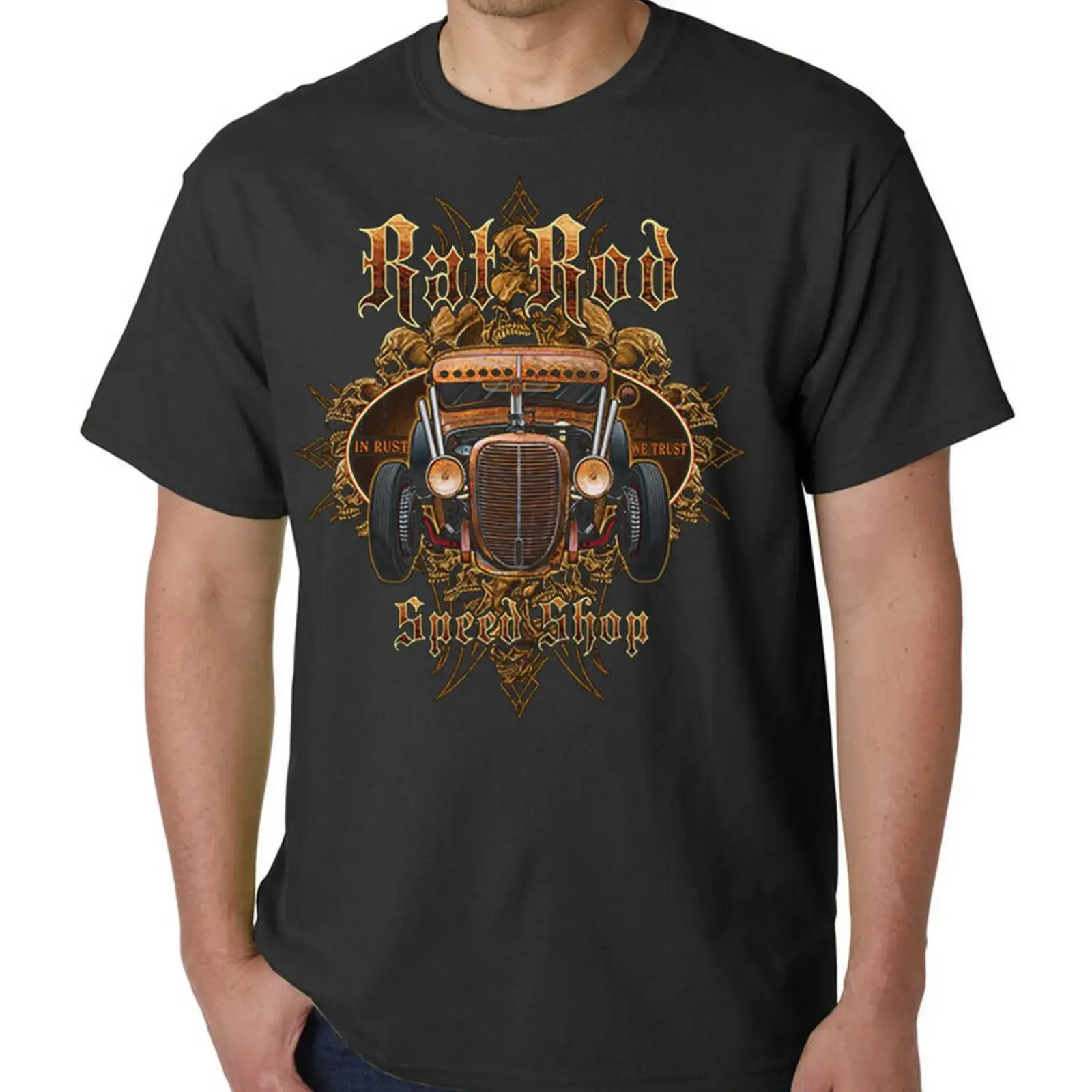 Rat Rod Speed Shop T Shirt In Rust We Trust Hot Garage Street Racing vintage Washed Versatile Unisex graphic Casual Breathable
