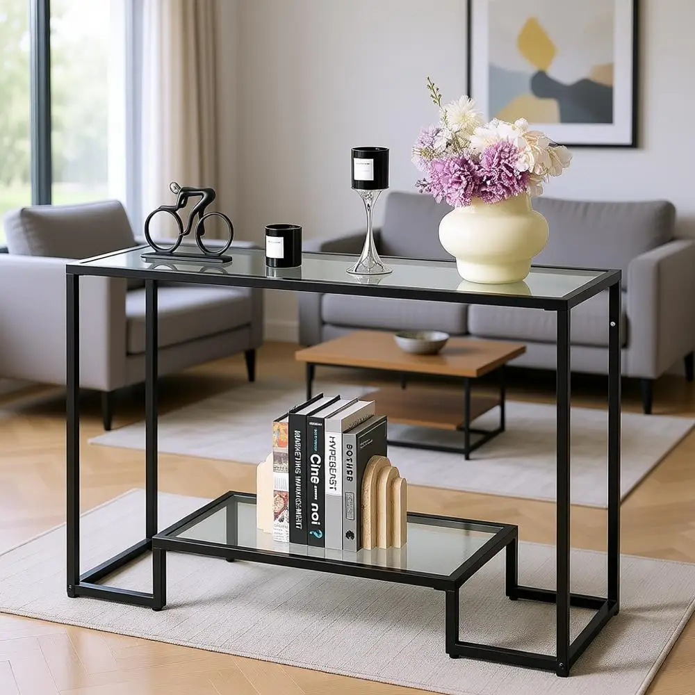 

42 Inch Tempered Glass Top Entryway Table with Iron Legs, Suitable for 2-Tier Living Room, Hallway, or Entryway