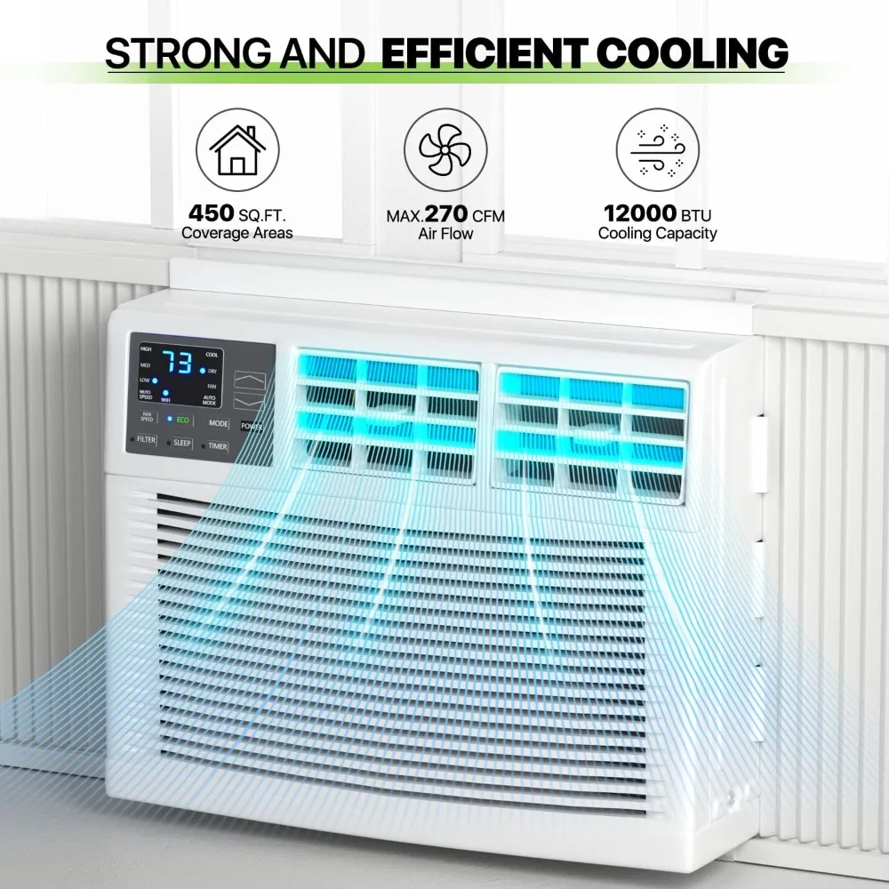 12000 BTU window air conditioner, supporting Wi Fi or remote control, providing cooling for large rooms up to 450 square feet