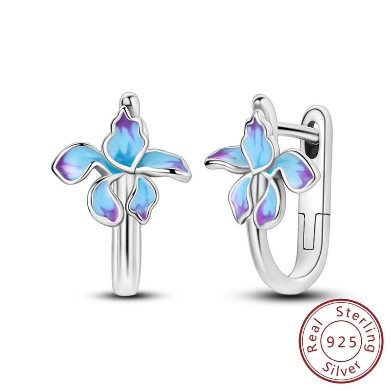 

925 Sterling Silver Blue purple Glazed Oriole Tail Flower Earring Zircon Hoop Earring for Women Fashion Girl Party Jewelry Gifts