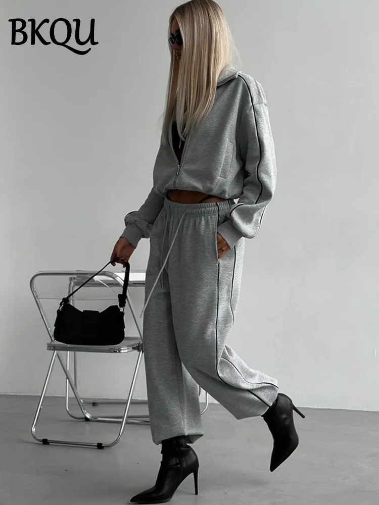 BKQU Casual Sports 2 Pieces Set Women Contrast Zipper Cardigan Jacket And Lace Up Wide Leg Pants Matching Suit Fashion Tracksuit