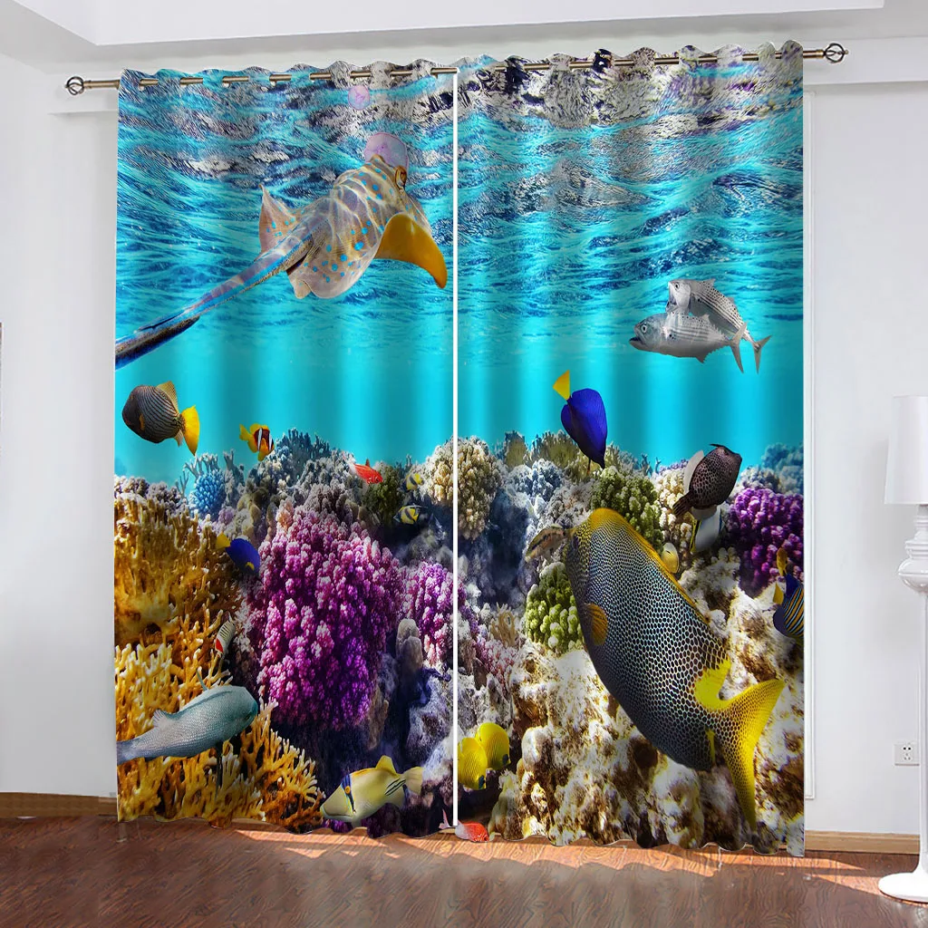 

HUANZHUANG Curtains & Drapes For Living Room Ocean Coral Fish Blackout Curtains For Bedroom Print Pattern Eyelet Thermal