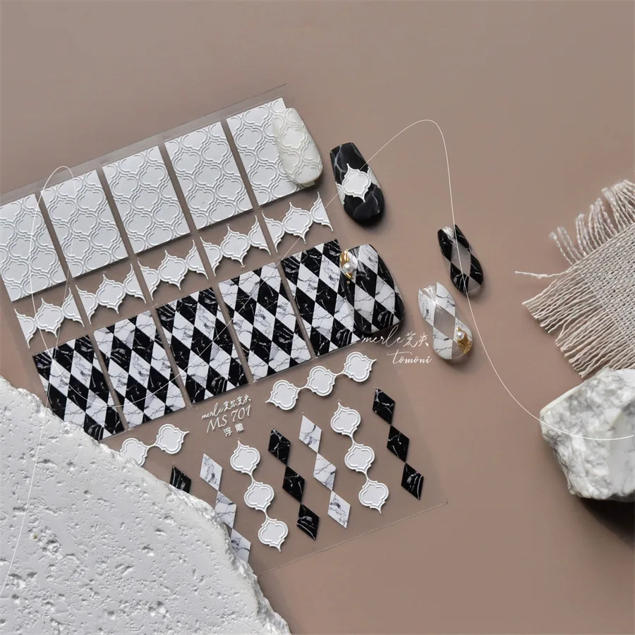 1pcs 5D Marble Diamond Grid Pattern Design Nail Sticker Embossed White Black self-adhesive DIY Manicure Decorative Slider