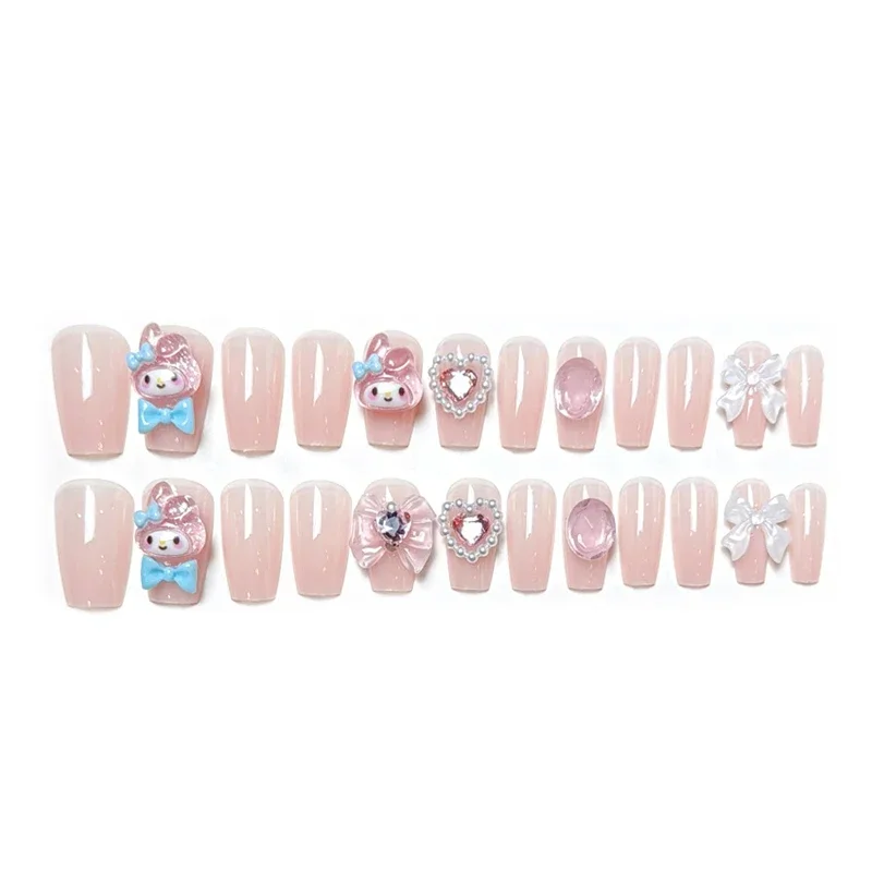 Sanrio My Melody Unhas Postiças, Meninas bonitos dos desenhos animados, Produto de Moda, Unhas Wearable com Acessórios, Presentes de Natal, 24pcs