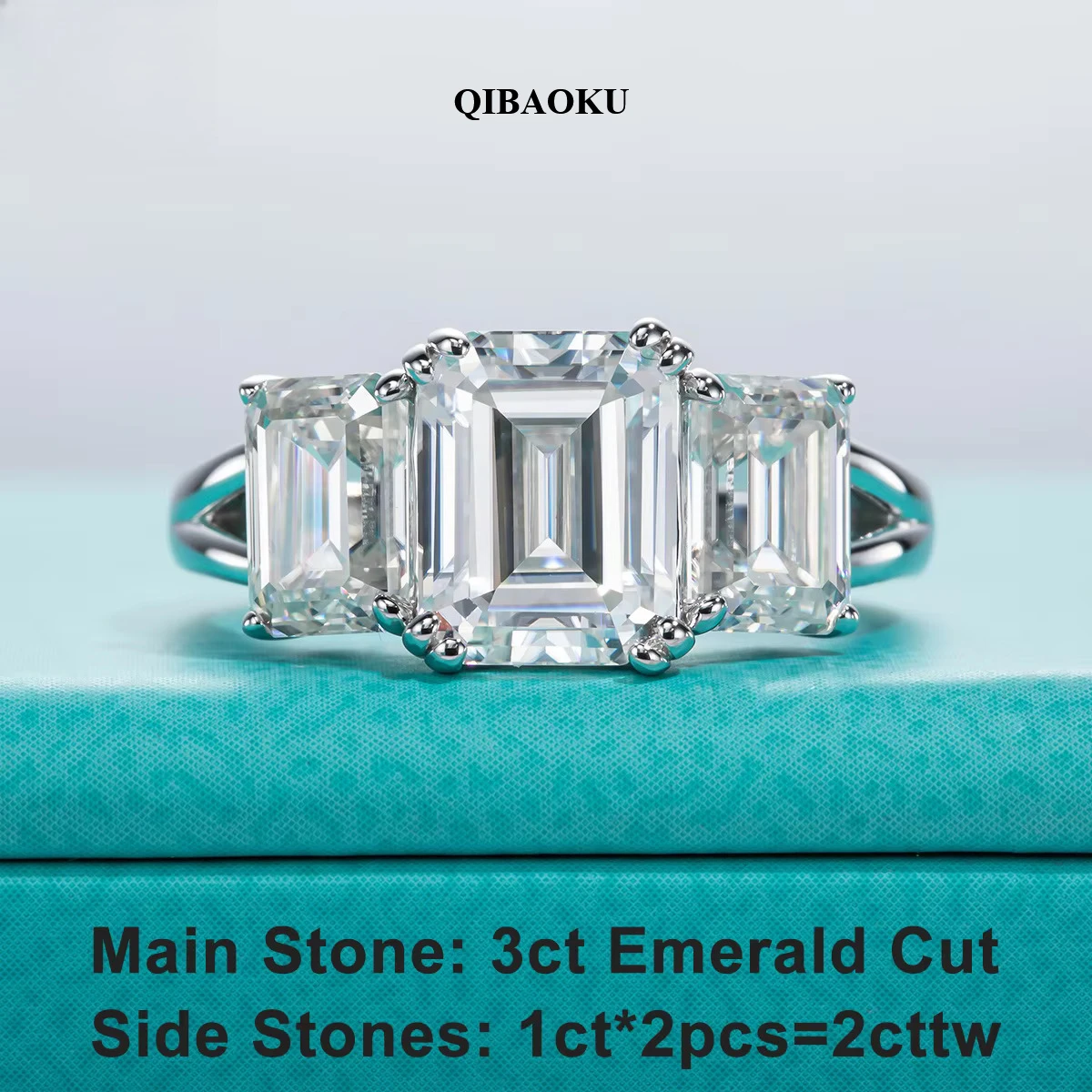 QIBAOKU 5cttw Emerald D Color Moissanite Engagement Rings S925 Sterling Silver Three-Stone Ring For Women Jewelry Wholesale 2026