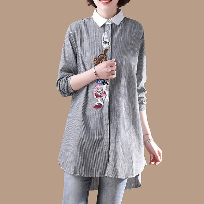 

Spring Summer New Casual All-match Midi Korean Polo-Neck Shirt Female Clothing Striped Fashion Long Sleeve Embroidery Blouse