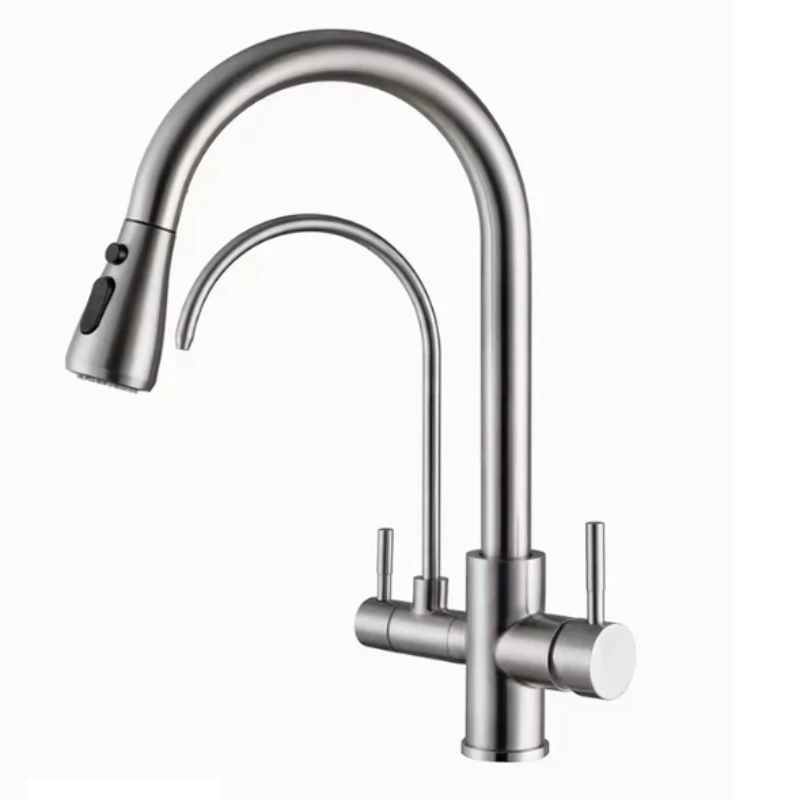 Silver Deck-Mounted Pull-out Kitchen Sink Mixer Tap, Hot & Cold Water, Stream & Sprayer Dual Function Head