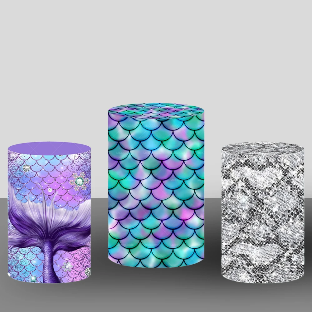 Mermaid Scales Background Customized Princess Girl Birthday Party Baby Shower Decoration Cylindrical Base Photography Props