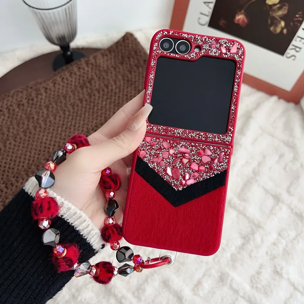 Glitter Leopard Print Case With Wrist Strap For Samsung Z Flip 7 6 5 4 3 5G ZFlip7 Bling Sparkling Bracelet Shockproof Cover