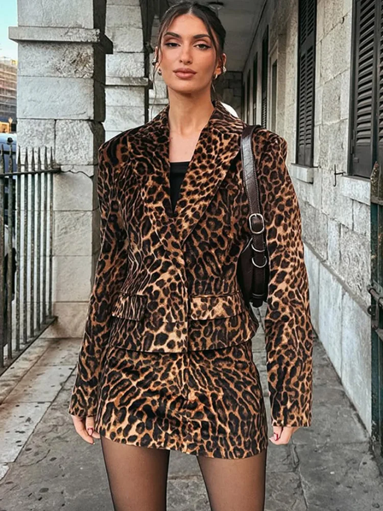 Vintage Leopard Print Skirts 2 Piece Sets For Women Fashion Lapel Long Sleeve Shoulder Pad Jacket Suit 2025 Chic Female Outfits