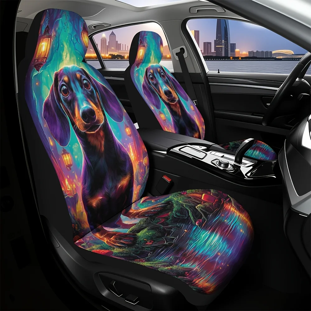 2pcs, Universal Car Seat Cover Fantasy Forest Dog Lanterns Stream Patternm, For All Car, Stylish Look For Car Interior With Fron
