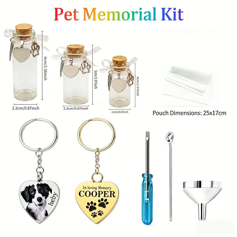 

Набор для создания мемориального украшения из праха питомца своими руками - стеклянная урна-бутылка, брелок с индивидуальной фотографией для сохранения памяти о питомце