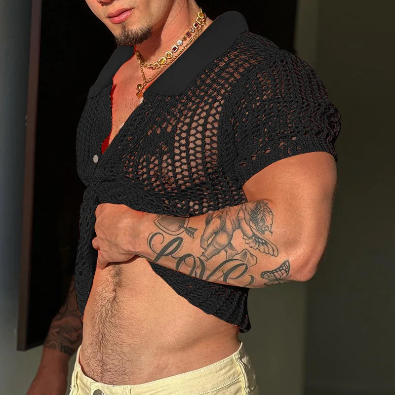 Summer new men's solid color versatile lapel sweater loose see-through short-sleeved T-shirt mesh sexy shirt party trend 독특한옷