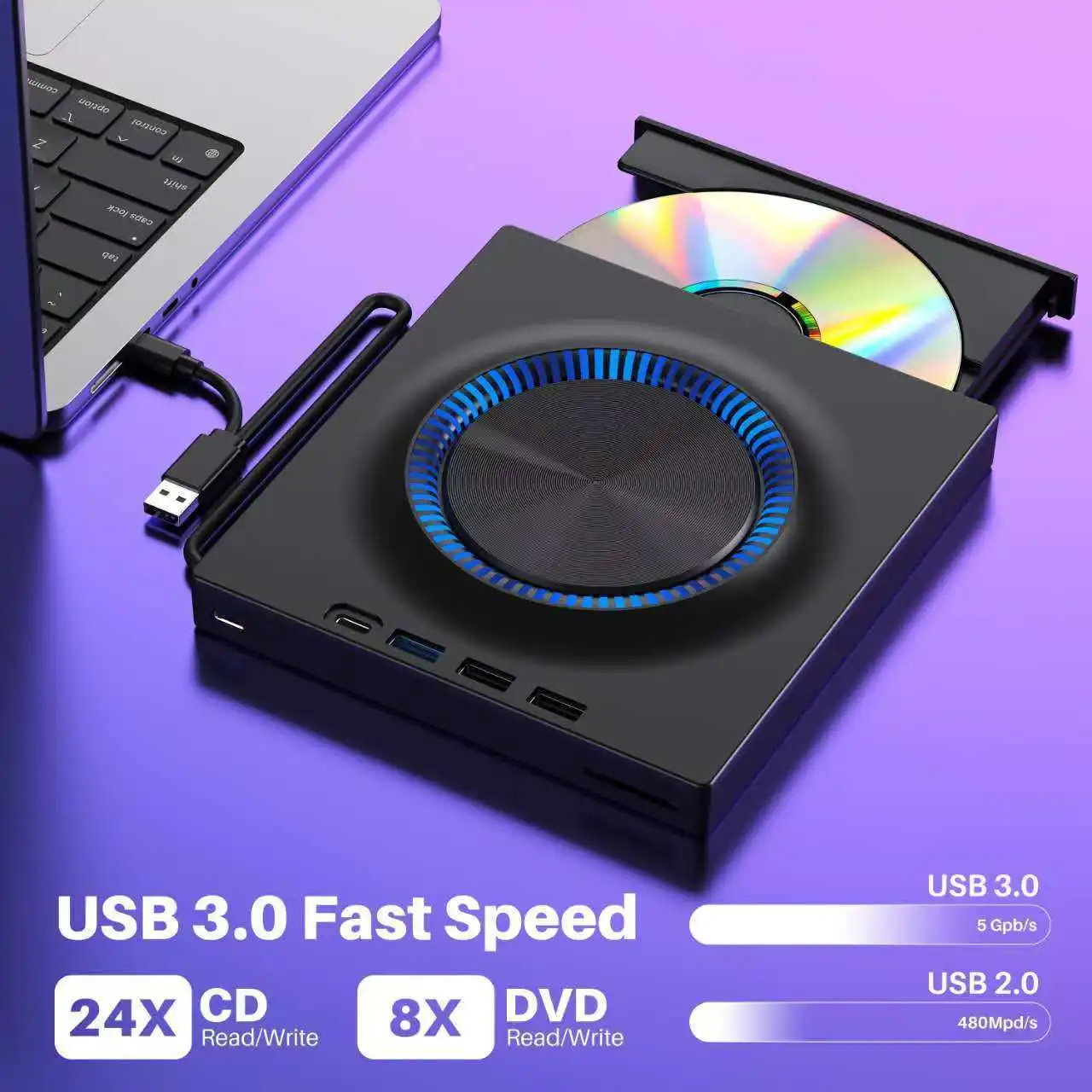 5-in-1 External CD/DVD Drive Mute Design USB3.0 Type-C Portable CD DVD Burner Player Optical Drives for Laptop Windows Mac Linux