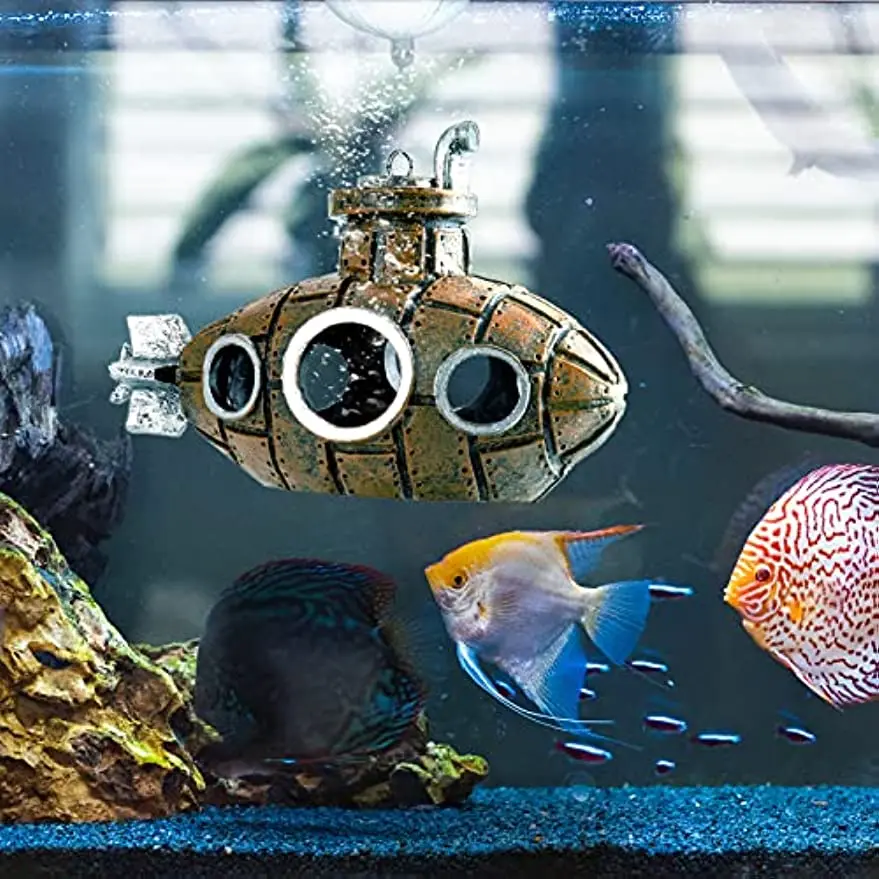 Floating Fish Tank Decoration, Little Cute Retro Submarine Aquarium Decoration with Float Balls Resinous Fish Tank Accessorie