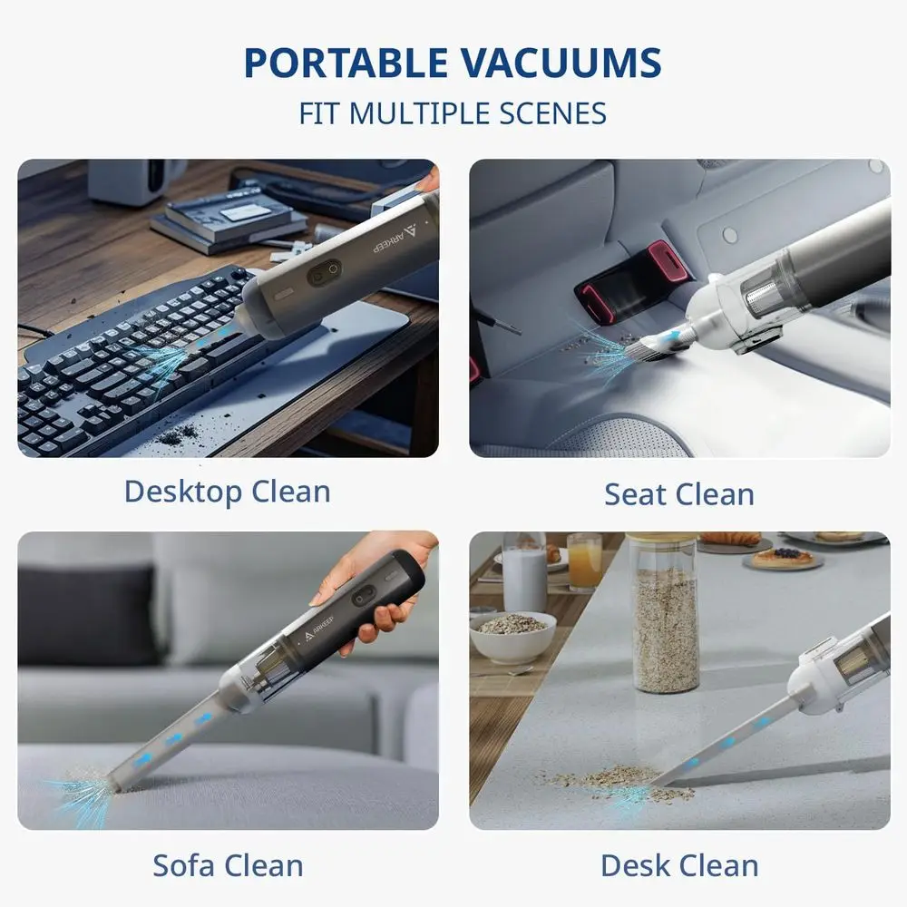 Aspirapolvere portatile senza fili 15KPa con filtro HEPA, 2 modalità, ricarica di tipo C, leggero per casa, auto, ufficio (grigio scuro)