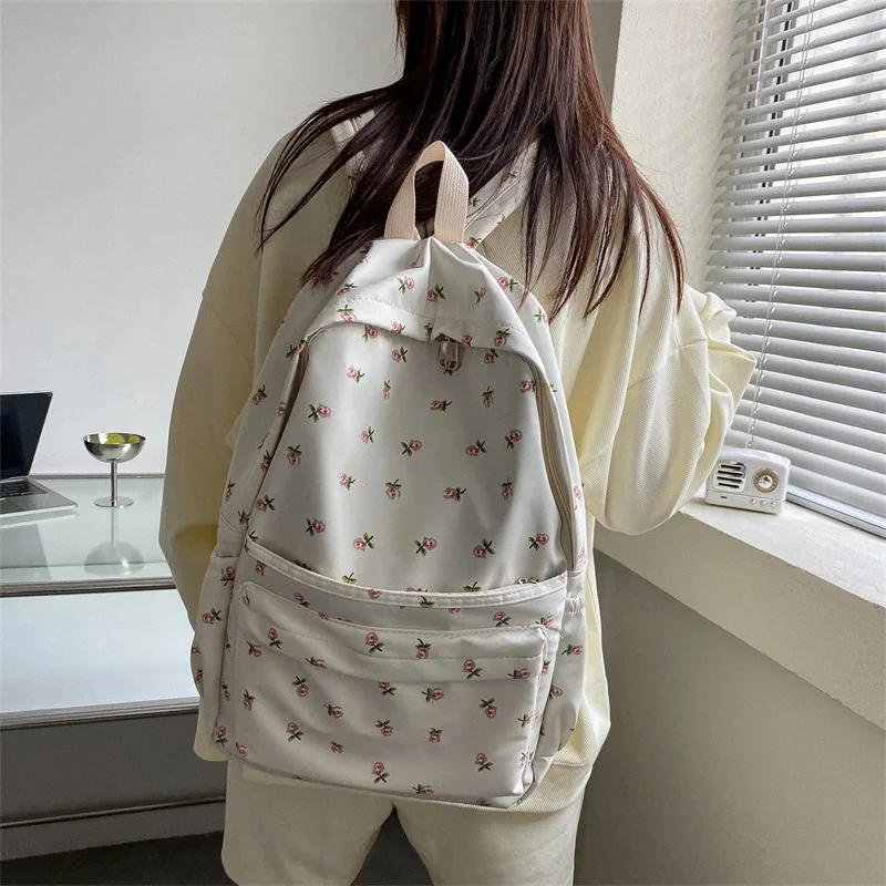 Korean Version Nylon Floral Backpack School Flower Fashion Backpack Junior High School Backpack Travel Bag