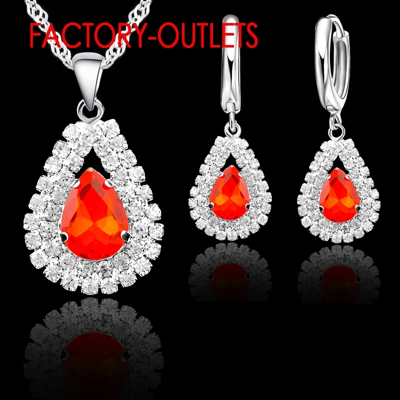 Hot Sale 925 Sterling Silver Bridal Jewelry Sets Austrian Crystal Water Drop Necklaces Hoop Earrings Women Party Engagement