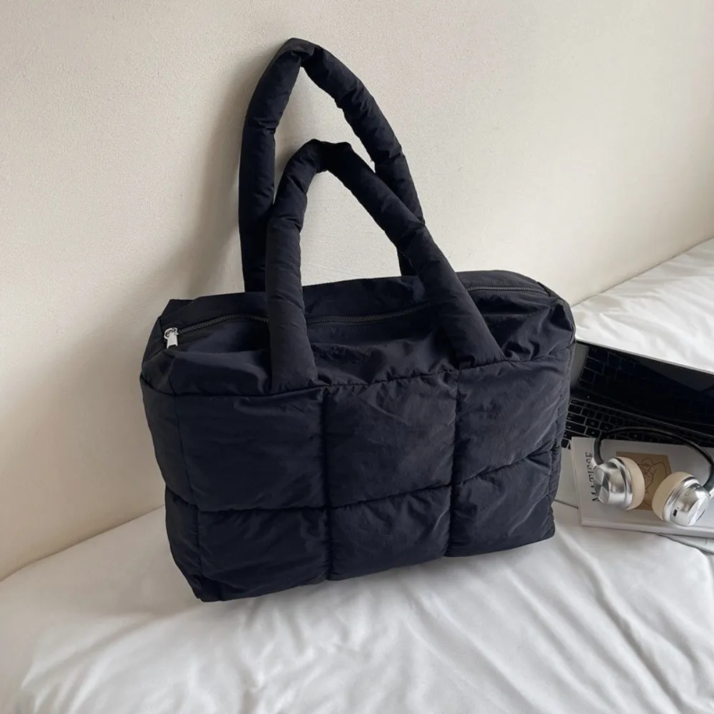 

Trendy Solid Color Puffy Tote Bag Winter Large Capacity Down Cloth Handbag Leisure Waterproof Quilted Plaid Bag Women