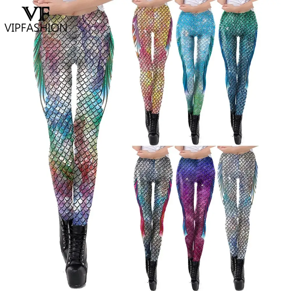 VIP FASHION Women Mermaid Leggings Female Sexy Costume Fitness Workout Pants Colorful Fish Scales Leggins Casual Streetwear