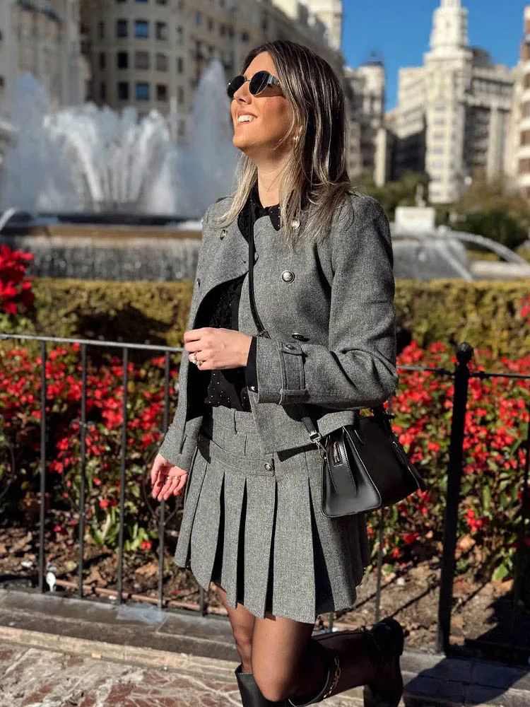 TRAFZA Damen-Rock, 2-teiliges Set, weiblich, neue Modeserie, einreihige Wollmischung, Jacke + eleganter, schlanker Reißverschluss, breiter Saum, Faltenrock