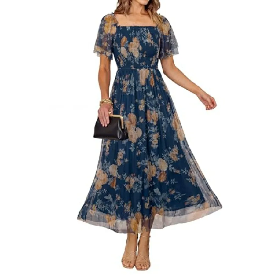 Vestidos Largos Florales Simplee para Mujer, Verano 2026, Cuello Cuadrado, Manga Corta de Malla, Estilo Boho, Vestido de Invitada para Boda