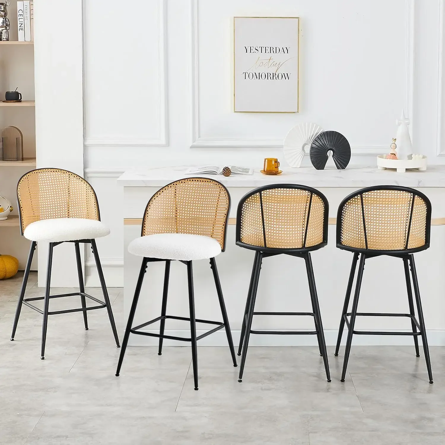 Swivel Counter Height Bar Stools 4 Piece Set Mid Century Modern 26 Inch Chairs Rattan Back Metal Legs Boucle Fabric Upholstered