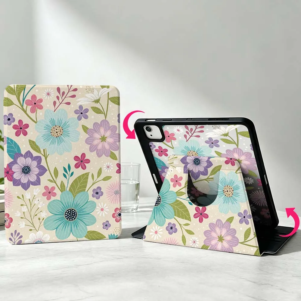Fashionable Floral Patterns For iPad Pro Air mini 6 5 4 12th M5 M4 M3 M2 A16 A17Pro 360° Rotation Stylus Storage Tablet Case