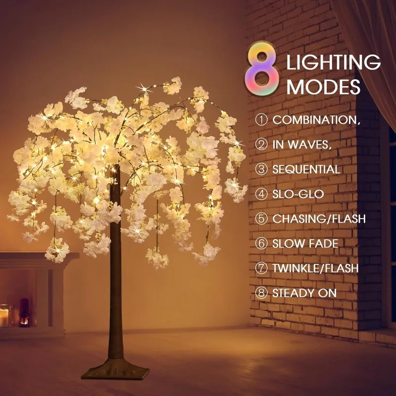 Lighted Cherry Blossom Tree LED Artificial Trees for Decoration Inside, Light up Tree with Faux Flower，Warm White, 4FT