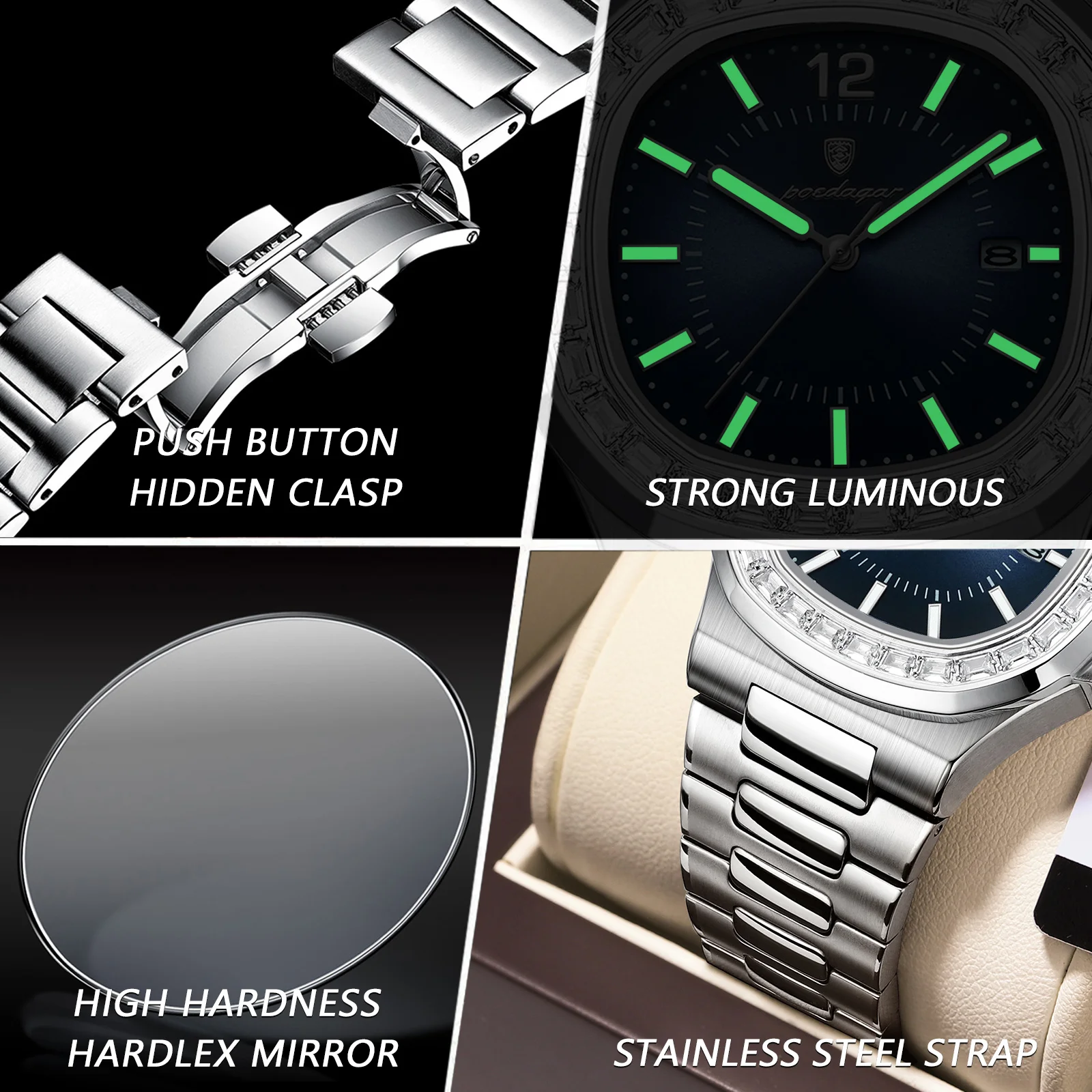 POEDAGAR Luxury Square Man Quartz Watch Waterproof Luminous Date Men\'s Watch High Quality Stainless Steel Business Men Watches