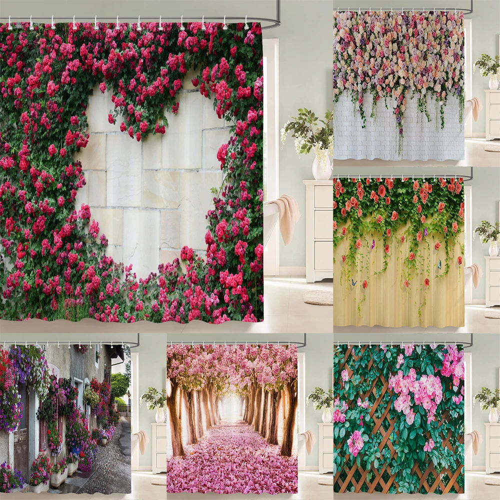 

3D European rural town street landscape printing bathroom waterproof shower curtain outdoor flower scenery curtain decoration
