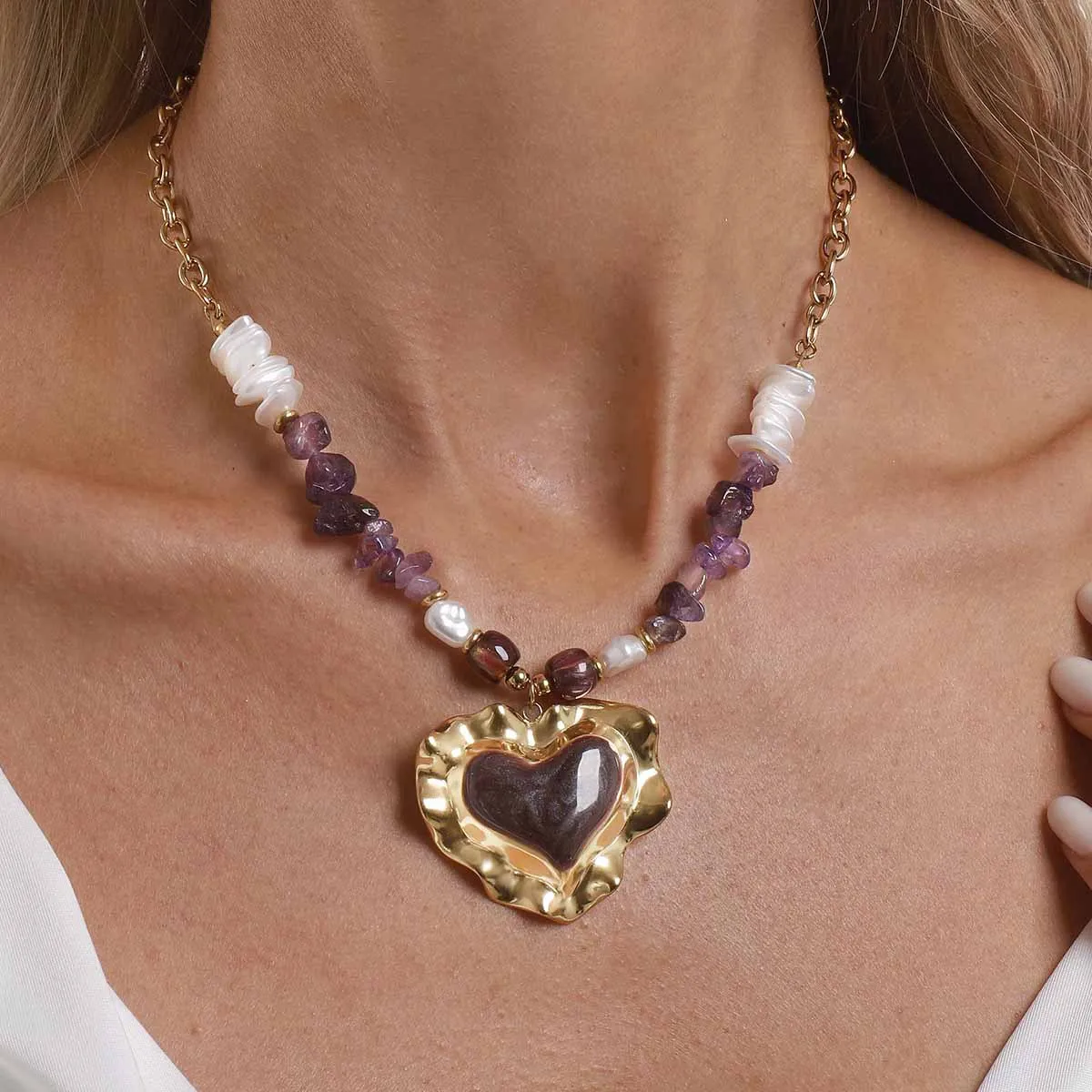 Irregular Purple Chip Stone Strand Fluid Metallic Heart Pendant Necklace Baroque Vibe Romantic Sweet Aesthetic Necklet