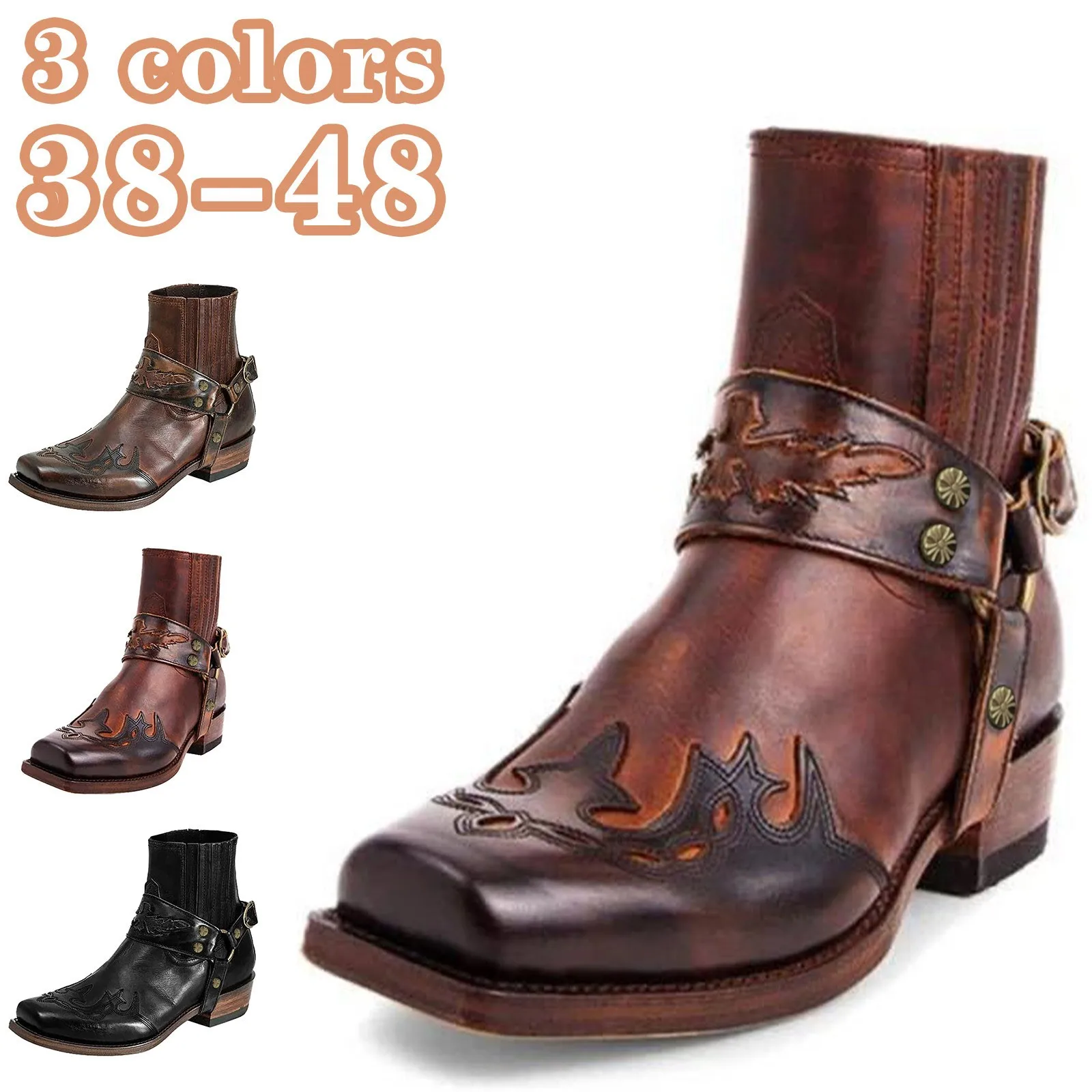 New Handmade Men'S Vintage Cowboy Boots Leather High Top Chain Buckle Strap Punk Shoes Pointed Toe Motorcycle Boots For Men